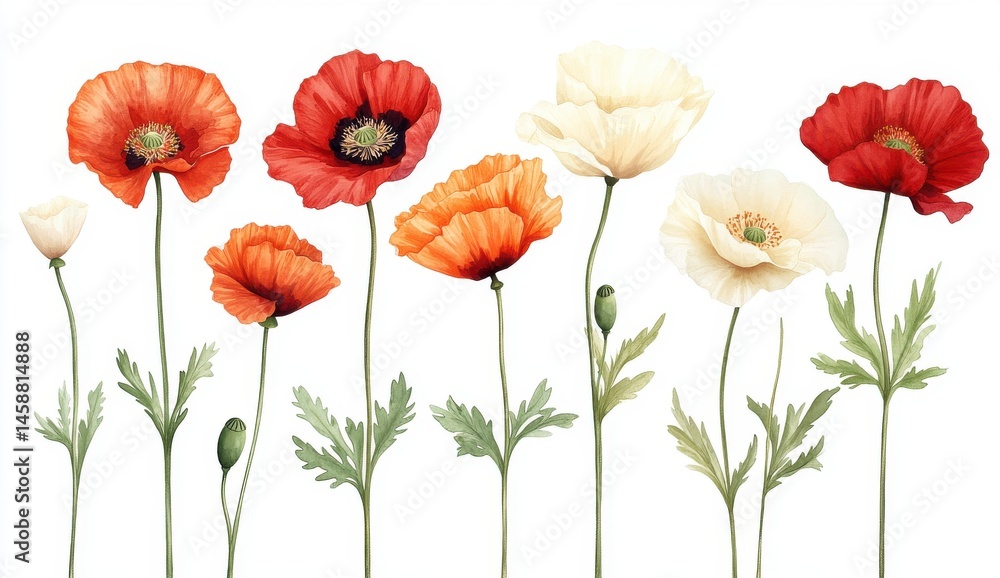 Fototapeta premium Red Orange Cream Poppies on White Background Floral Illustration