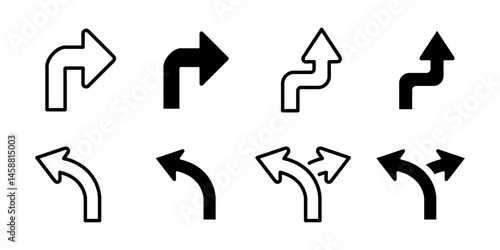 Turn arrow icon. Directional path vector illustration. Navigation pointer and route symbol. Road signage and traffic movement design concept. Guidance, intersection and wayfinding pictogram.