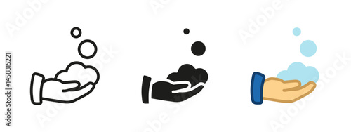 Handwashing icon. Palm with soap foam and bubbles vector illustration. Symbol of hygiene and cleanliness. Sanitary and health protection concept. Disinfection, skincare and antibacterial pictogram.