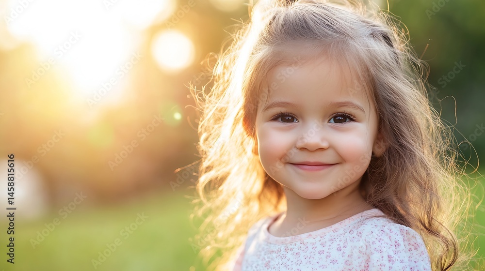 Portrait of a smiling toddler girl with long brown hair, illuminated by golden sunset light in a park setting. Her happy expression and carefree demeanor create a joyful and heartwarmi : Generative AI Portrait of a smiling toddler girl with long brown hair, illuminated by golden sunset light in a park setting. Her happy expression and carefree demeanor create a joyful and heartwarmi : Generative AI