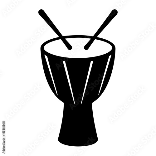 Black and white illustration of a djembe drum with crossed drumsticks