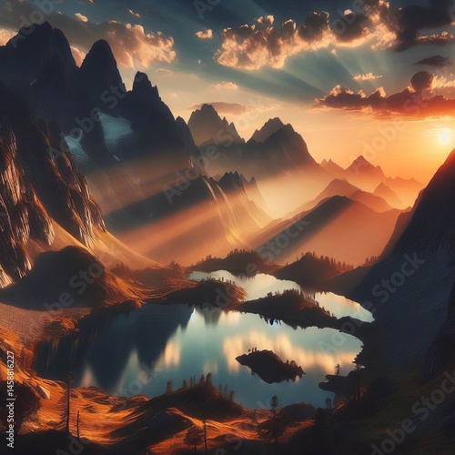 Shadows of mountain peaks on alpine lakes at sunset