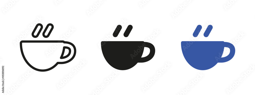 Coffee cup icon. Hot beverage in a steaming mug vector illustration. Symbol of warmth, relaxation and energy boost. Ideal for cafe menus, morning routine visuals and hospitality signage. Coffee cup icon. Hot beverage in a steaming mug vector illustration. Symbol of warmth, relaxation and energy boost. Ideal for cafe menus, morning routine visuals and hospitality signage.