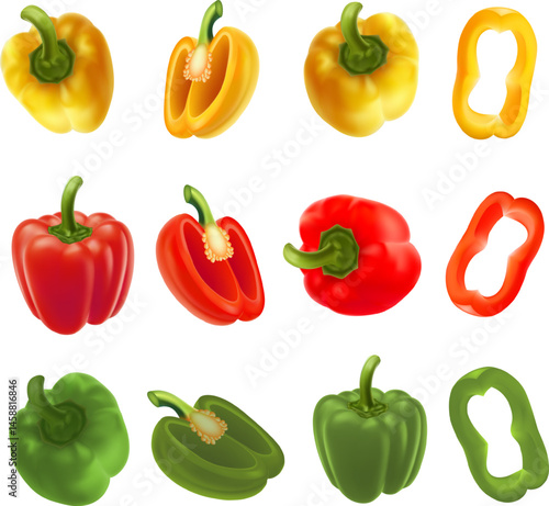 Comprehensive set of bell pepper illustrations featuring yellow, red, and green varieties. The collection includes whole peppers, halved peppers displaying the seeds