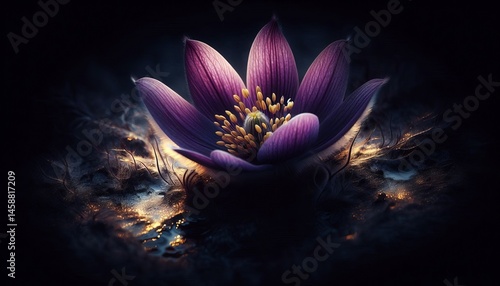Soft deep purple petals with golden veins blooming in total dark