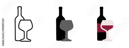 Wine icon. Bottle and filled glass vector illustration. Alcoholic beverage pictogram representing wine service. Elegant drink symbol for bars, restaurants and celebration design concepts.