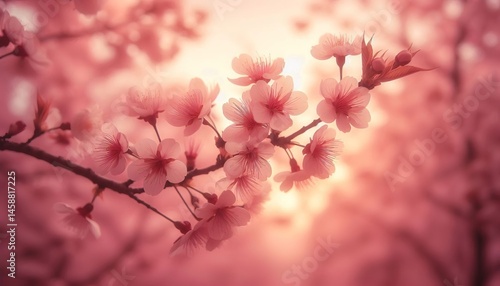 Soft pink cherry blossoms with a blurred gradient sky in blush a