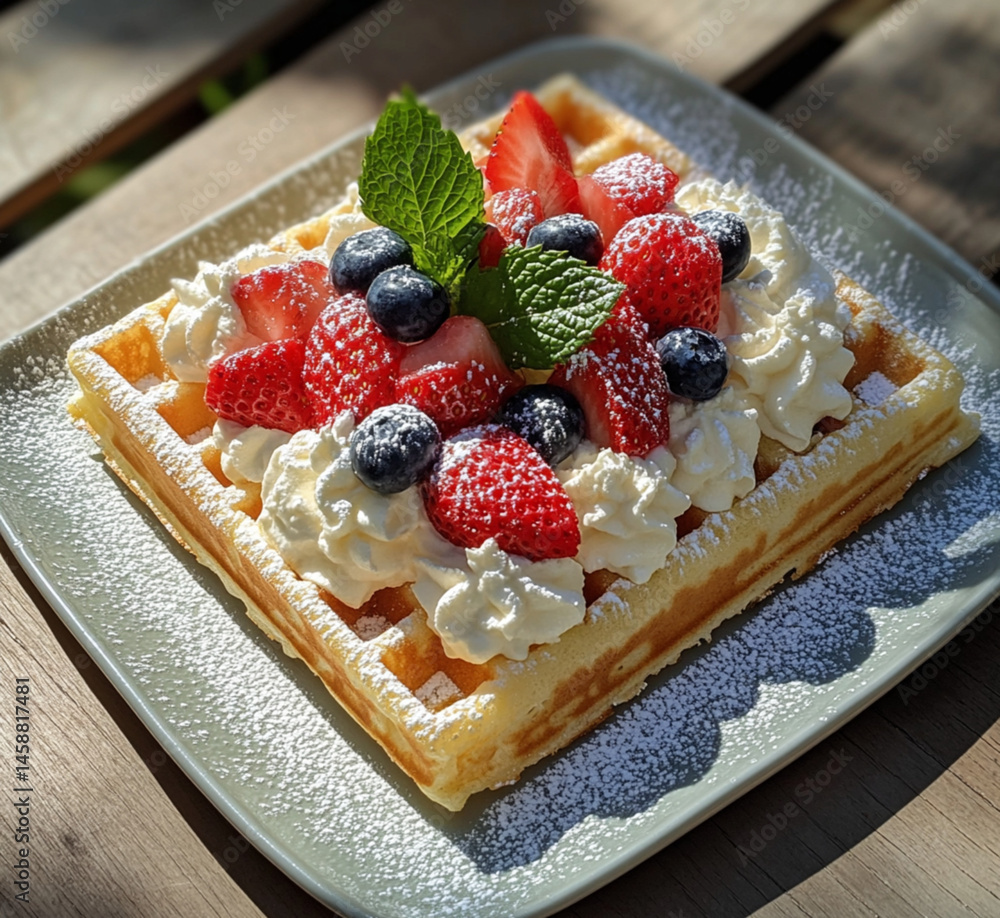 rectangular waffle with white cream and various fruits on top, placed on an outdoor table in the sun. The photo was taken from above, at close range