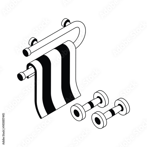 Ready to use isometric outline icon denoting gym towel and dumbbells