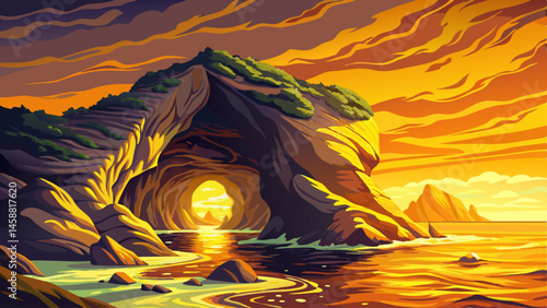 panoramic view of sea cave and coastal rock formations at El Matador Beach in Malibu, California, illuminated by golden sunset light. Perfect for travel, coastal landscapes, nature, and scenic beauty