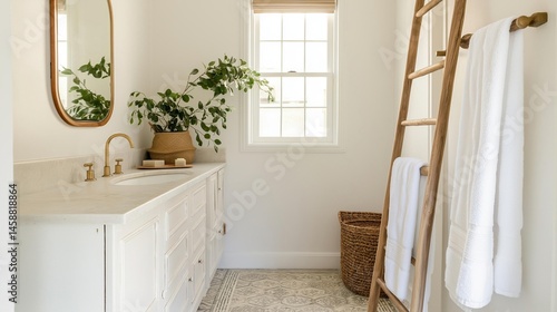 Modern bathroom with a white countertop and white cabinets. on the left side of the image, there is a white sink with a gold faucet and a mirror above it.