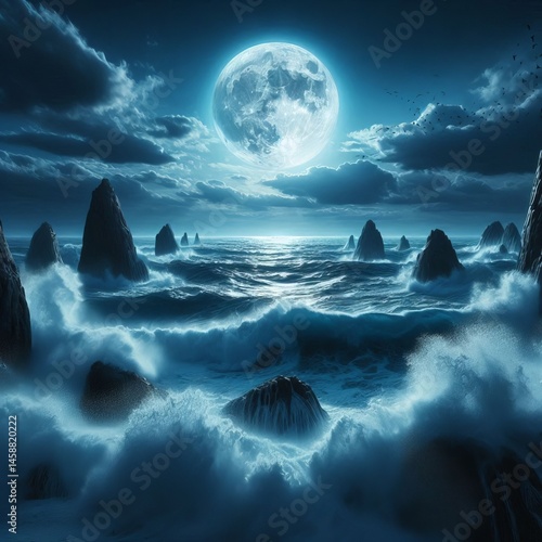 The sea rages beneath a full moon