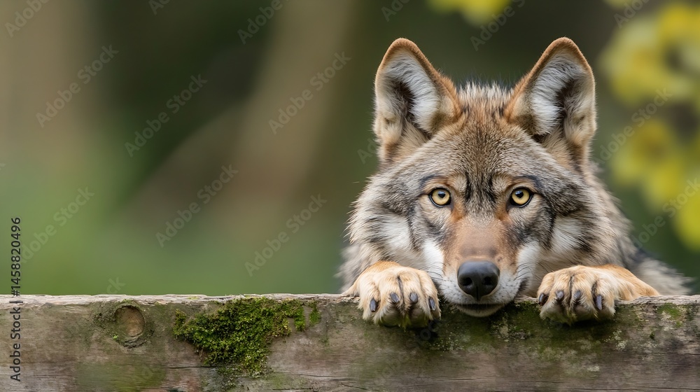 Obraz premium Curious wolf peering over weathered wooden fence, intense gaze, amber eyes, gray, brown fur, natural forest background. : Generative AI