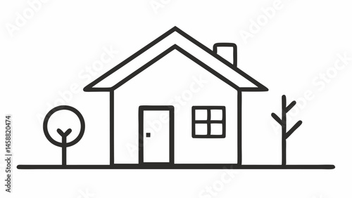 Simple Line Drawing of a House A basic line drawing of a small house with a single tree conveying comfort and a sense of home without excess.