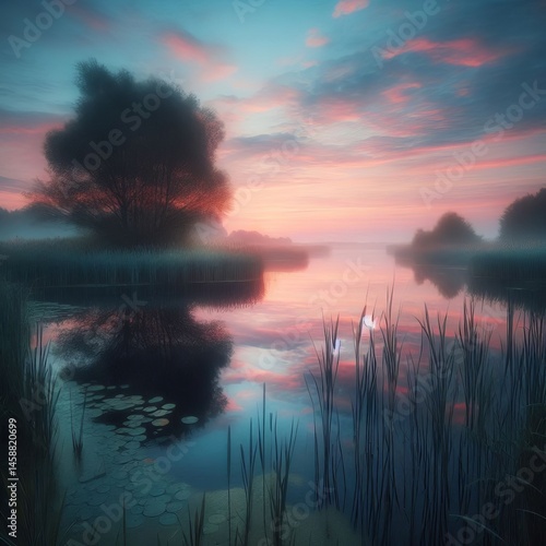 Tranquil Pond A still pond that mirrors the soft pastel hues of
