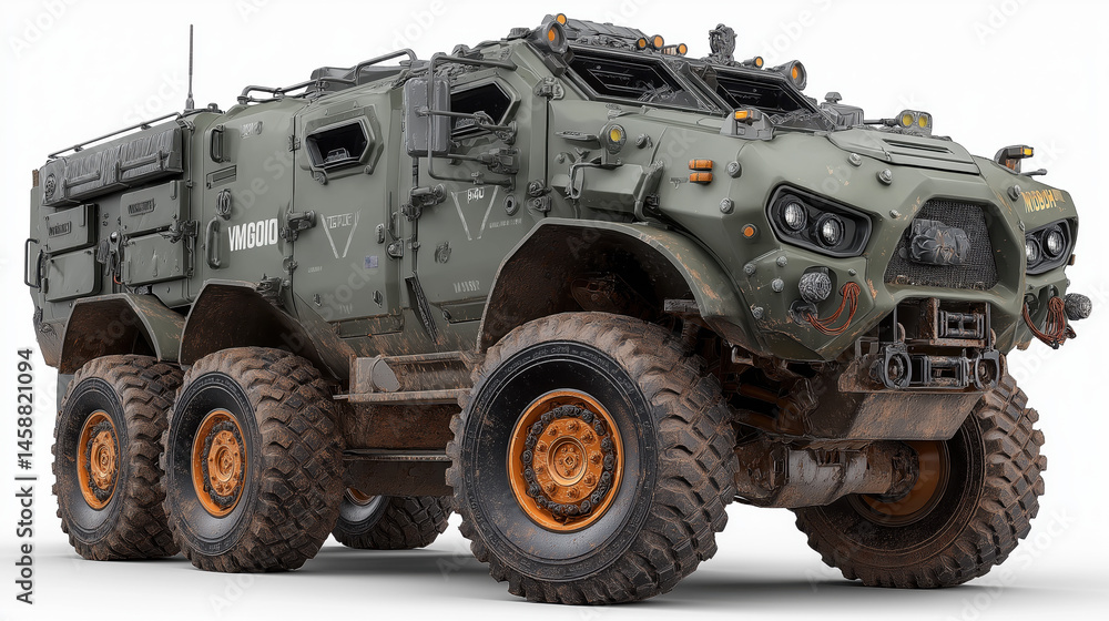 Tactical military APC with reinforced armor, large off-road wheels, futuristic design, ultra-detailed render, no background Tactical military APC with reinforced armor, large off-road wheels, futuristic design, ultra-detailed render, no background
