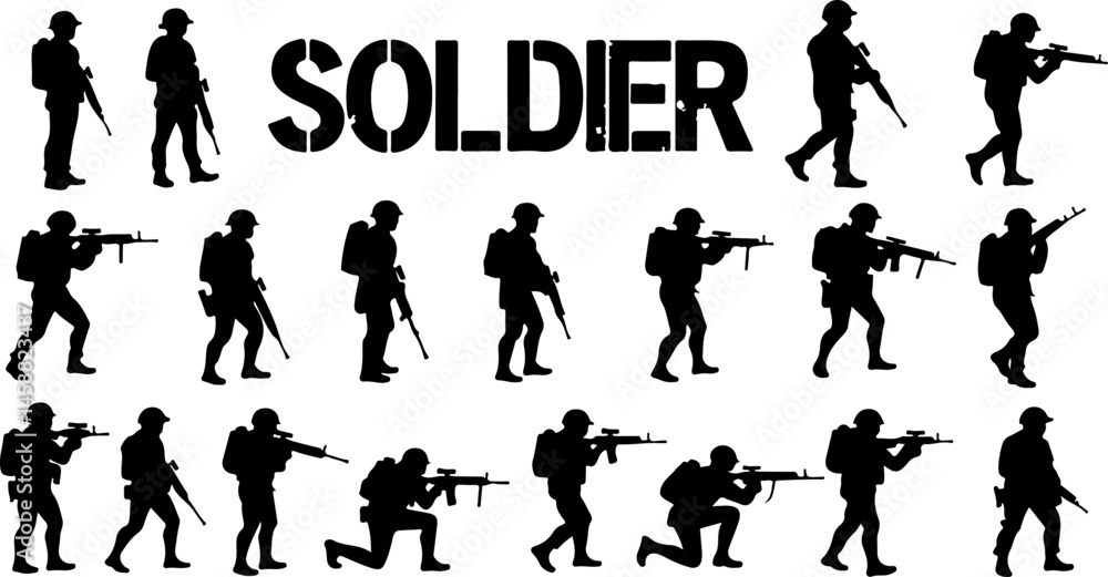 Naklejka premium Combat Soldier Silhouette Vector Bundle
