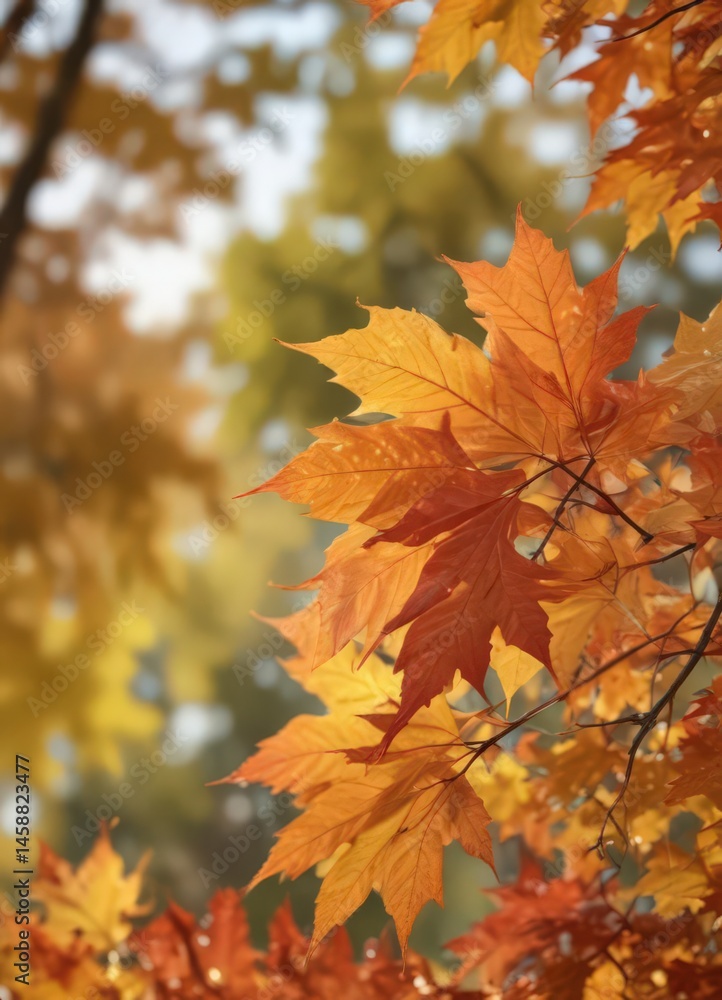 Close-up of maple leaves with bokeh background, fall colors , seasonal, image, red Close-up of maple leaves with bokeh background, fall colors , seasonal, image, red