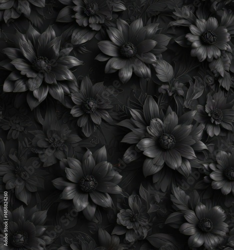 Abstract charcoal floral wallpaper, dark tones, seamless intricate design , black, shadow