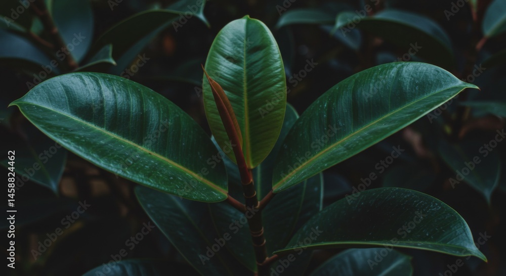 Fototapeta premium Closeup of Dark Green Shiny Leaves with Lush Tropical Foliage
