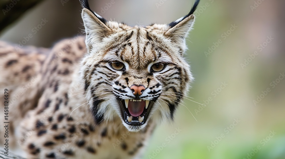 Obraz premium Close-up portrait of a bobcat with its mouth open, showing sharp teeth and intense gaze. The wild feline's fur is a mix of brown, beige, and black, creating a striking contrast against : Generative AI