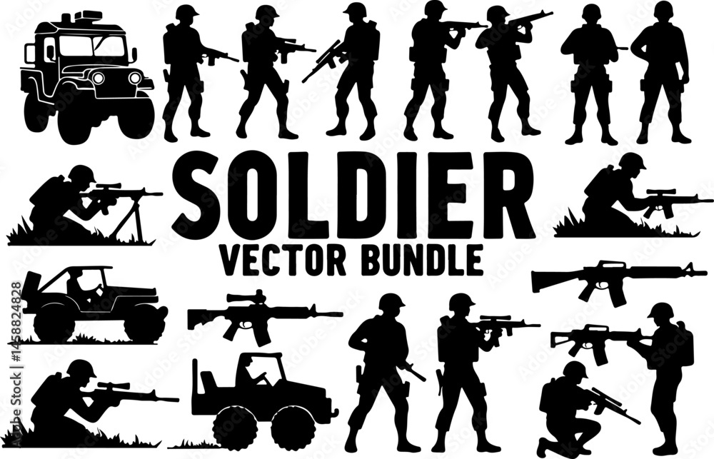 Fototapeta premium Combat Soldier Silhouette Vector Bundle