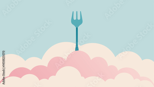 Playful Cloud Harvest A giant fork is extended outwards hovering above a patch of fluffy pastelcolored clouds. The forks tines are gently lifting a portion of the cloud which looks
