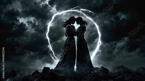Two witches women embracing under a magical electric halo during a stormy night, conjuring an enchanting scene filled with fantasy, power, and a sense of mystery in the dark atmosphere and lesbian