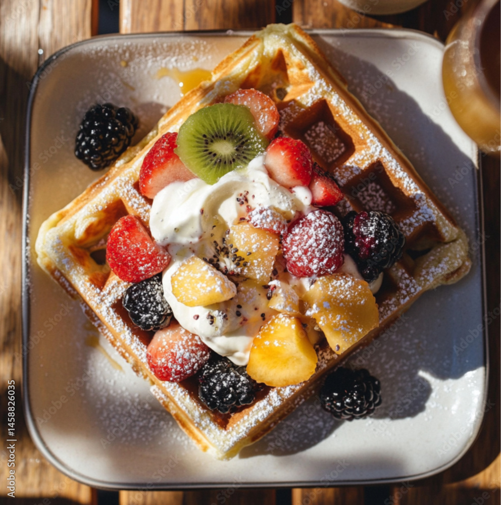 rectangular waffle with white cream and various fruits on top, placed on an outdoor table in the sun. The photo was taken from above, at close range