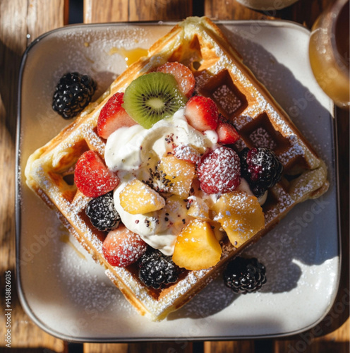Obraz na płótnie rectangular waffle with white cream and various fruits on top, placed on an outdoor table in the sun. The photo was taken from above, at close range w salonie