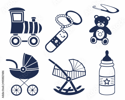 Adorable Baby Icons Train Teddy Stroller Soother Rattle Bottle Cute Navy Blue Silhouettes on White