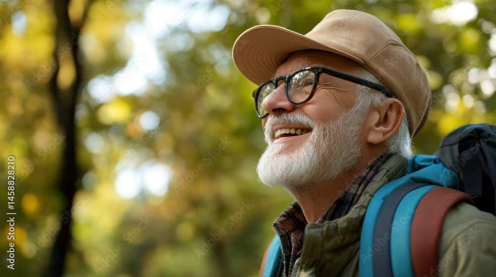 Happy senior man hiking in autumn forest. Happy senior man hiking in autumn forest.