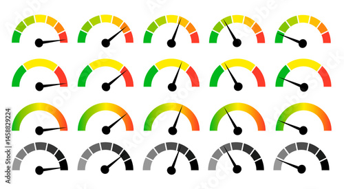 Speedometer gauge meter icons. Vector scale, level of performance. Speed indicator .Infographic of risk, gauge, score progress.
