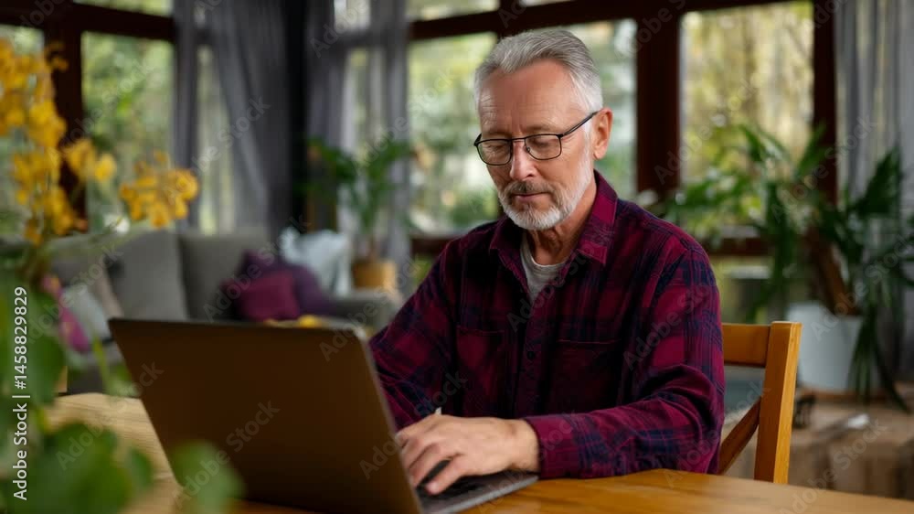 Senior man working on a laptop at home with natural light and greenery around him. Senior man working on a laptop at home with natural light and greenery around him.