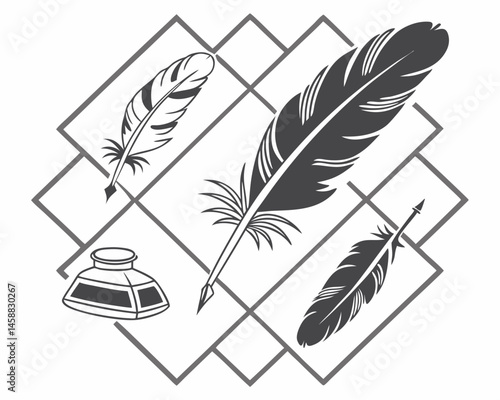 Elegant quill pens inkwell geometric design classic writing calligraphy vintage stationery author writer poet artistic