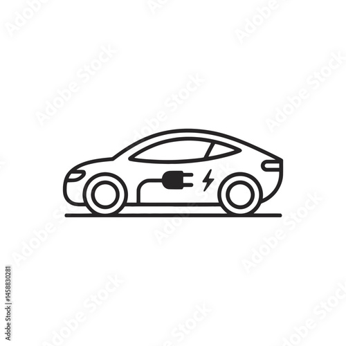 A simple line drawing depicts a car with an electric plug and lightning bolt symbol, indicating it's an electric vehicle