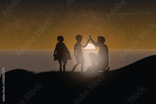 Father and son family in sunset enjoying summer vacation on Father's Day, vector illustration design background
