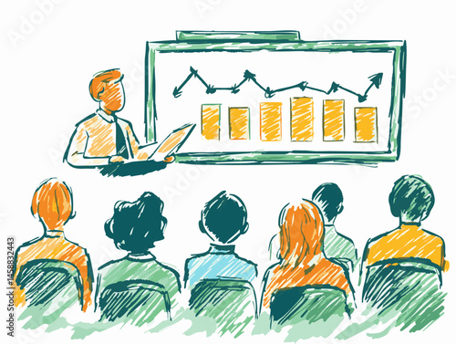  full-shot of a a person delivering a training workshop using a flip chart and engaging with participants, in a bright,1