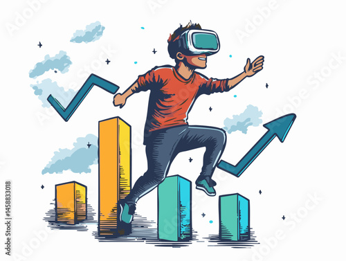  full-shot of a a person engaged in a virtual reality business simulation wearing vr goggles in a futuristic office,1