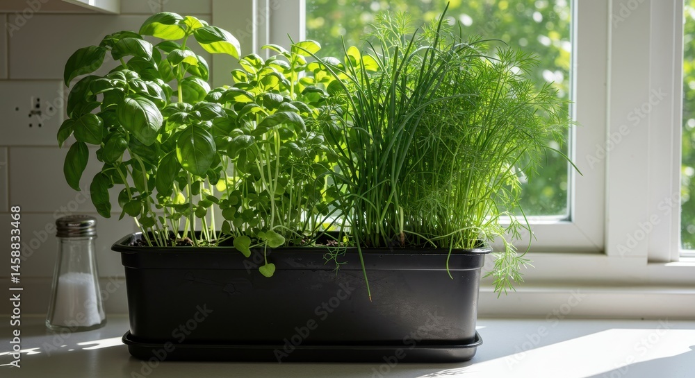 Fototapeta premium Fresh Herbs Growing in a Modern Kitchen Window with Natural Light, Basil, Chives, and Dill in Planter for Culinary Inspiration