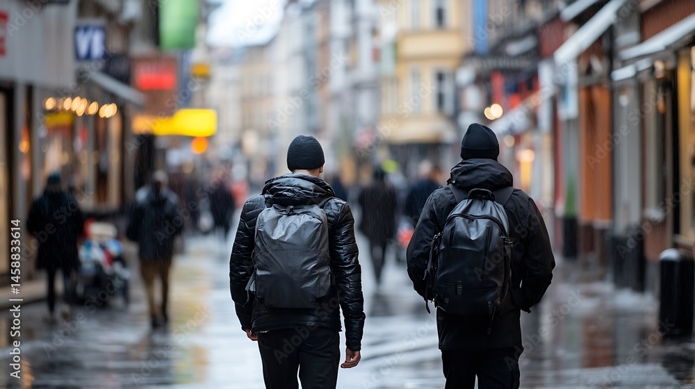Fototapeta premium Two individuals with backpacks walk down a rain-soaked city street, their backs to the camera, showcasing a blurred urban background. : Generative AI