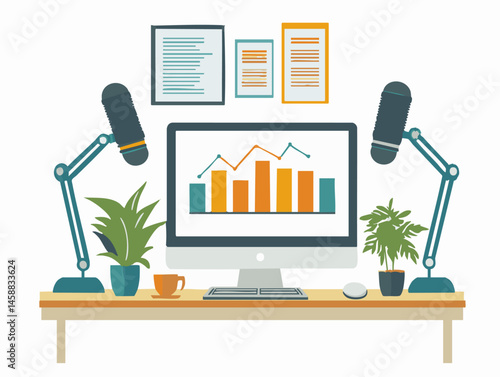  full-shot of a a person hosting a business podcast discussing industry trends with a guest,3