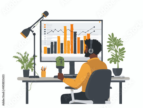  full-shot of a a person hosting a podcast speaking into a professional microphone,2
