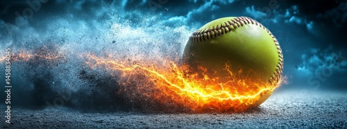 A dynamic, magic leather baseball ball is encapsulated in a swirling, colorful explosion of fire and kinetic energy, epitomizing superior sports performance, accompanied by a banner that includes