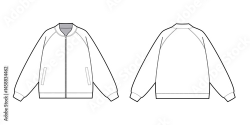 Unisex Raglan Sleeve Bomber Jacket Technical Flat Sketch-Front and Back View- Fashion Flat- Vector Illustration- CAD Mock-up