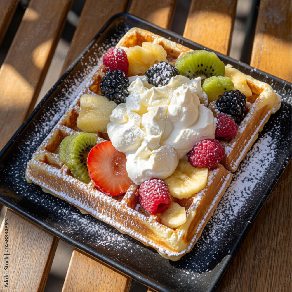 rectangular waffle with white cream and various fruits on top, placed on an outdoor table in the sun. The photo was taken from above, at close range
