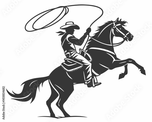 Rodeo Rider Silhouetted: A daring rodeo rider, confidently silhouetted against the sun, displays incredible skill as he maneuvers his rearing horse, skillfully swinging a lasso.