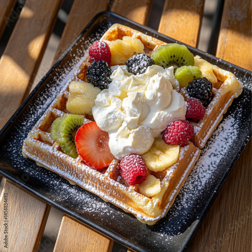 Obraz na płótnie rectangular waffle with white cream and various fruits on top, placed on an outdoor table in the sun. The photo was taken from above, at close range w salonie