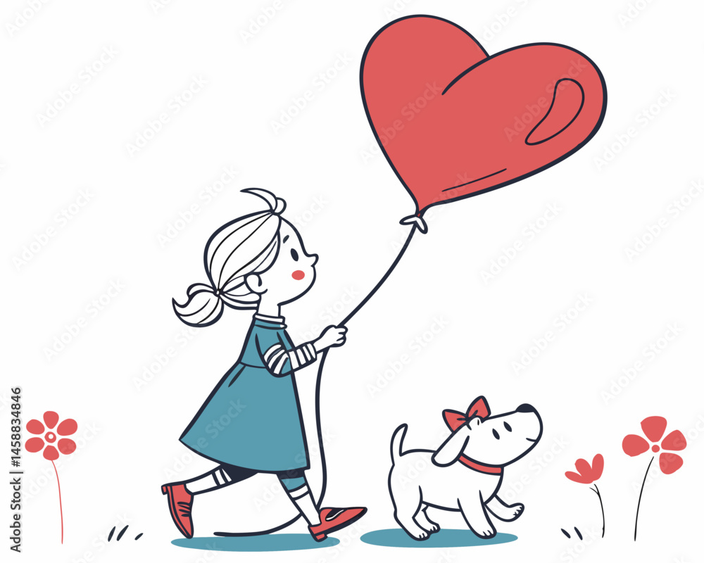 Girl with Heart Balloon and Puppy: A charming illustration of a little girl joyfully walking her puppy while holding a large heart-shaped balloon. Girl with Heart Balloon and Puppy: A charming illustration of a little girl joyfully walking her puppy while holding a large heart-shaped balloon.