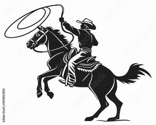 Rodeo Cowboy with Lasso: A silhouette of a cowboy in a classic hat, skillfully riding a rearing horse, wielding a lasso in a dynamic display of skill, capturing the essence of western culture.